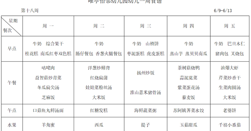 2024--2025学年第二学期第十八周幼儿食谱